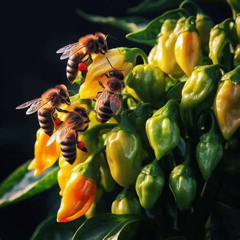 Bees pollinating pepper flowers in greenhouse