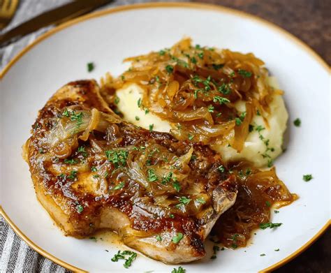 Slow cooker onion pork chops visual guide (caramelized onions, sauce, mashed potatoes)