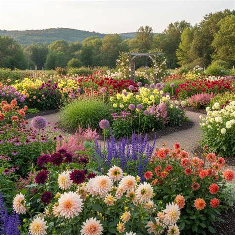 illustration: garden layout with lilies, crocosmia, and dahlias