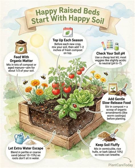 infographic of raised bed soil composition and feeding schedule